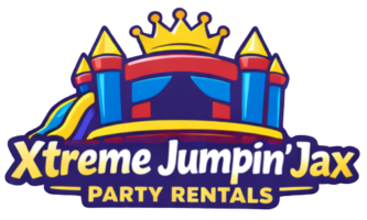 Xtreme Jumpin' Jax Party Rentals is pronounced the same as Logo: Colorful inflatable bounce house with a crown,