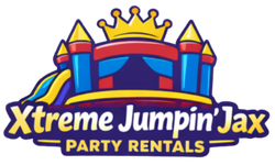 Logo: Colorful inflatable bounce house with a crown, 