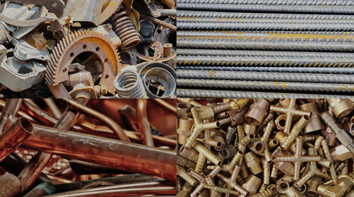 Four quadrants: scrap metal, rebar, copper pipes, and brass fittings.