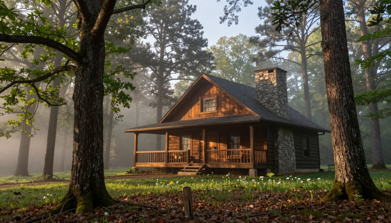 Photorealistic wooded cabin retreat near Stillwater, Oklahoma