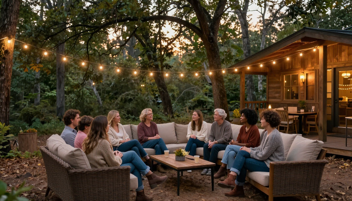 Photorealistic outdoor cabin gathering in Oklahoma woods