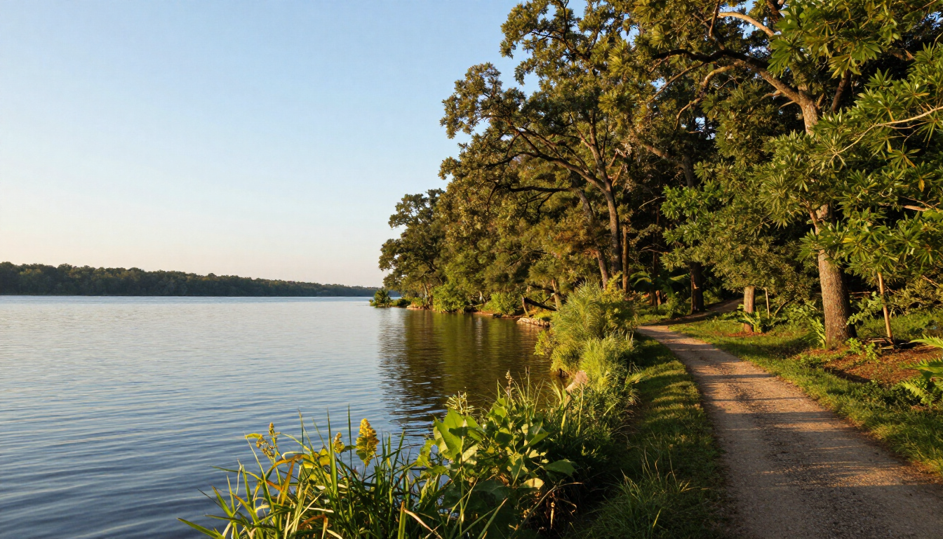 Photorealistic Lake McMurtry shoreline near Stillwater Oklahoma