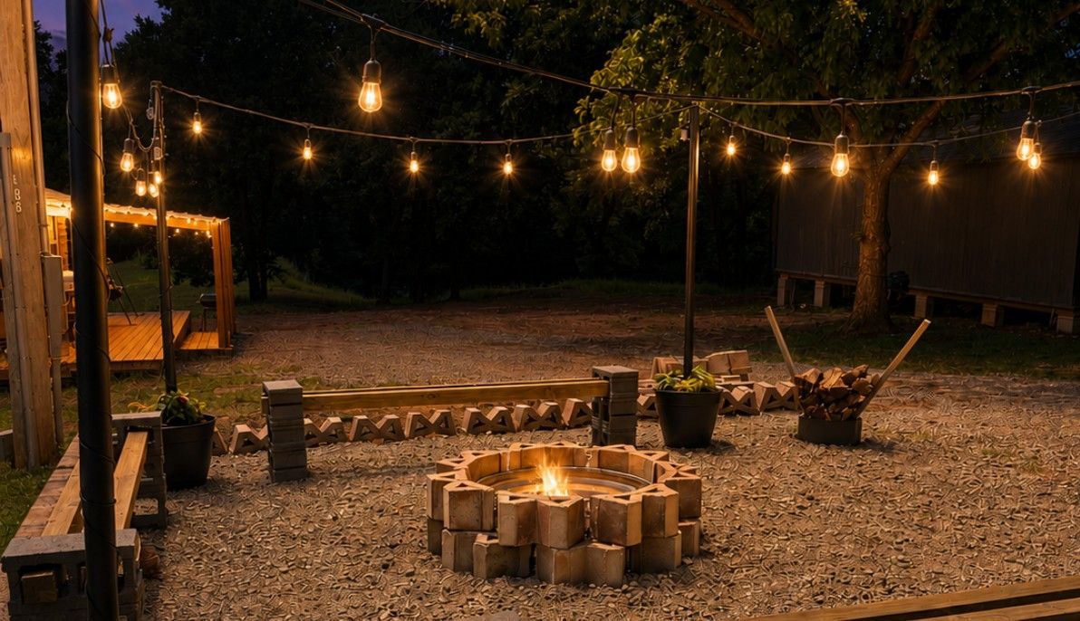 String lights over a rustic outdoor seating area with stools and a small fire pit on gravel at night