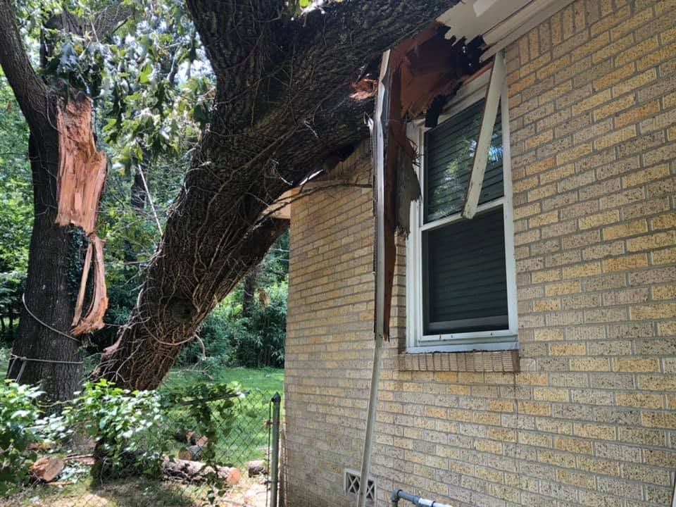 Brick house wall with a large tree leaning over a broken window and leaning frame