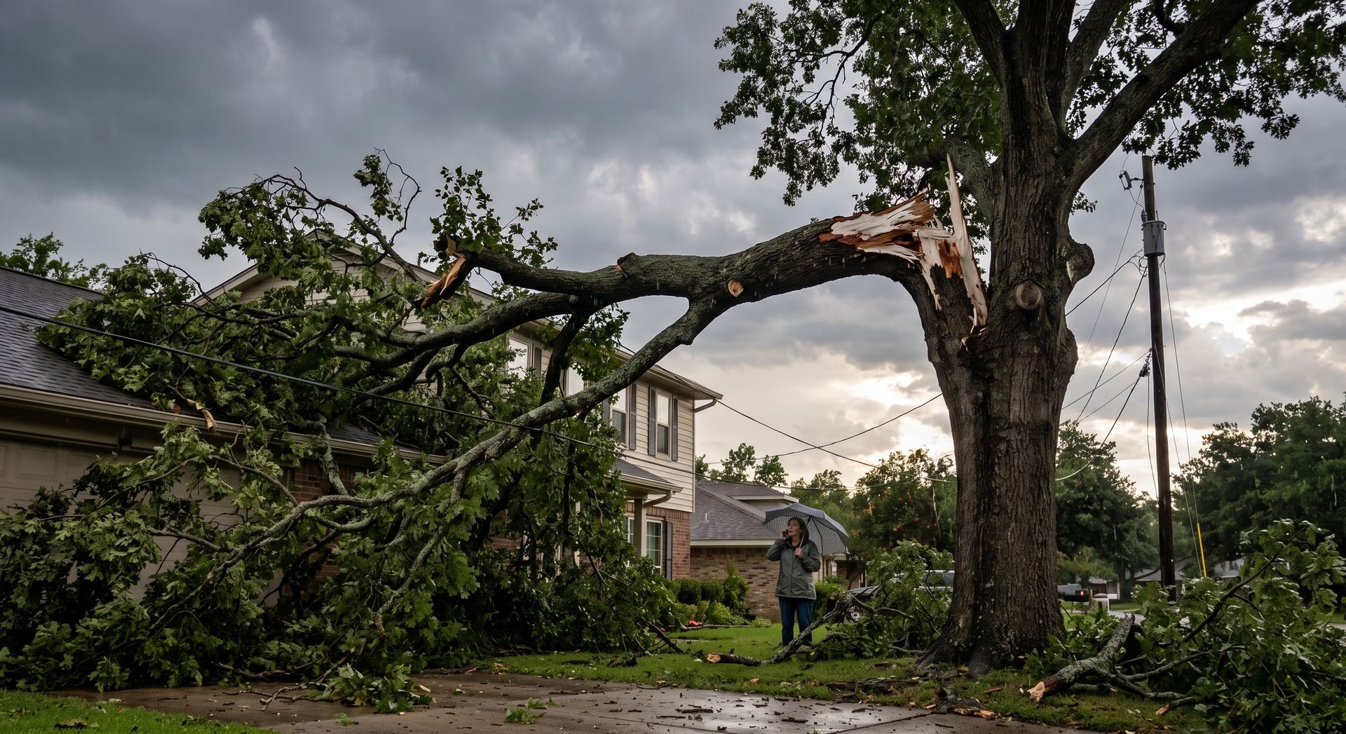 Fallen tree blocking a residential street after a storm, with broken branches and a damaged trunk.