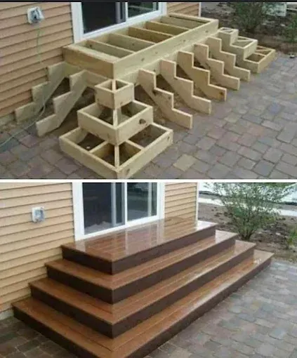 Before-and-after of a wooden deck staircase being enclosed with matching dark wood steps and trim