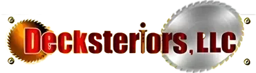 Decksteriors, LLC logo with red-and-black text and silver saw blade graphic