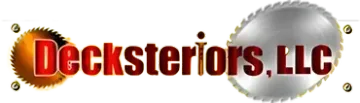 Decksteriors, LLC logo with red-and-black text and silver saw blade graphic