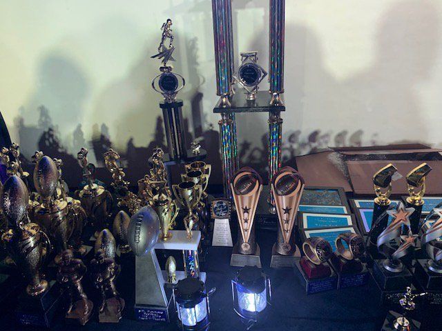 Trophies of various sizes and shapes displayed on a surface, with many gold and blue accents.