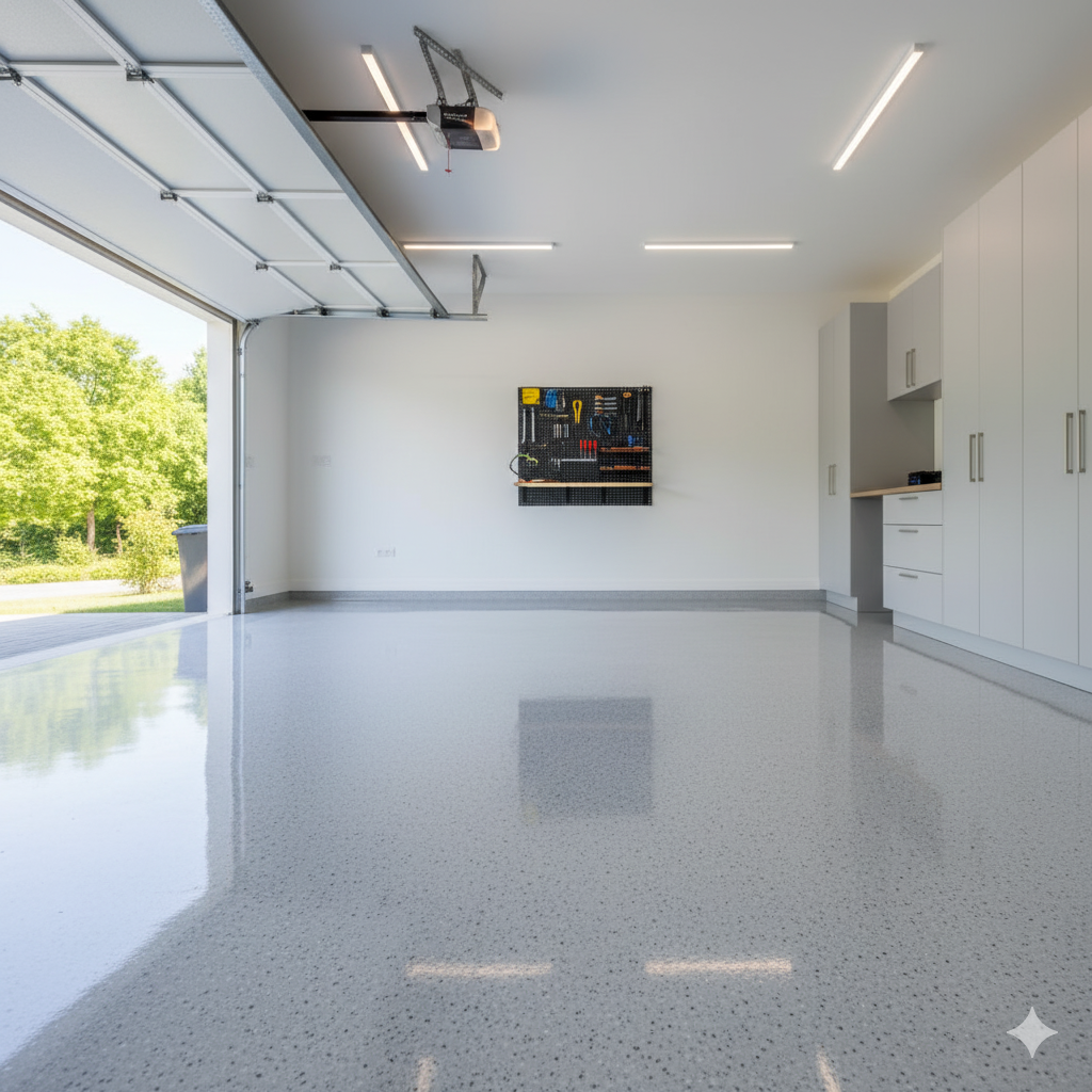 Bright empty garage with glossy floor, white cabinets, and overhead lights open to a sunny driveway.