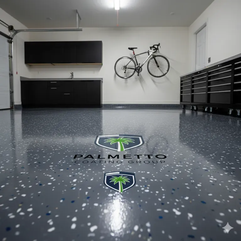 Garage with speckled epoxy floor, wall-mounted bicycle, black cabinets, and Palmetto logo on the floor.