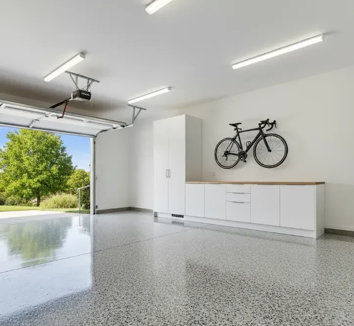 Bright garage with open door, white cabinets, bike on wall, and speckled epoxy floor