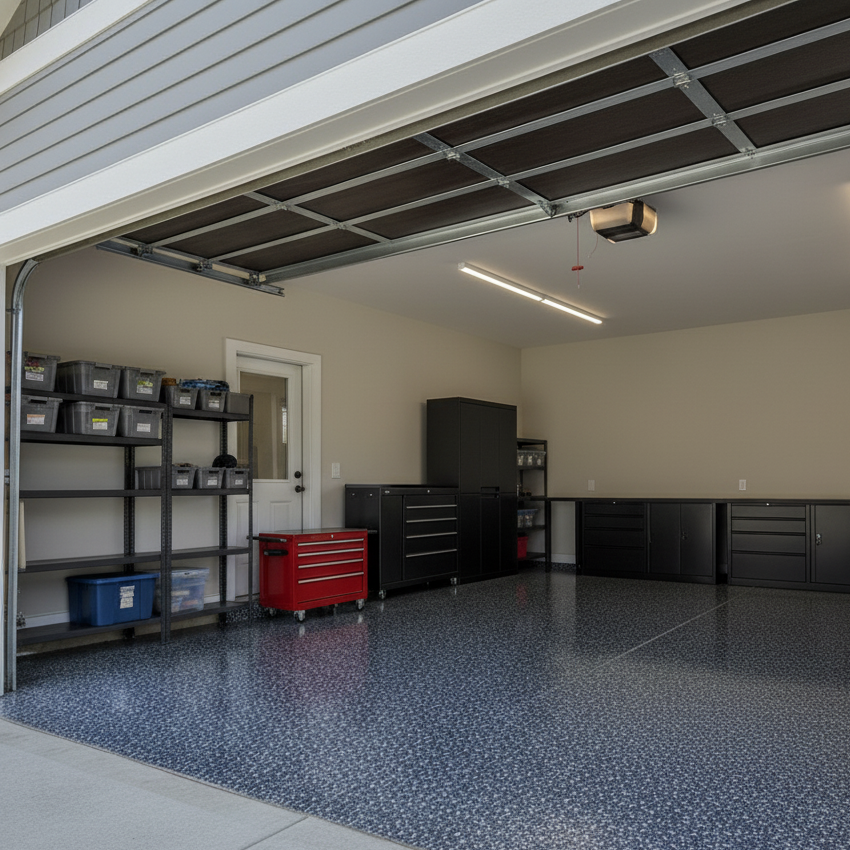 Open garage with metal shelving, red tool chest, and black storage cabinets on a speckled floor.