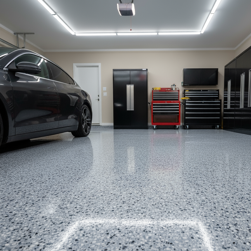 Black car in a clean garage with speckled epoxy floor, tool cabinets, and a wall-mounted TV.