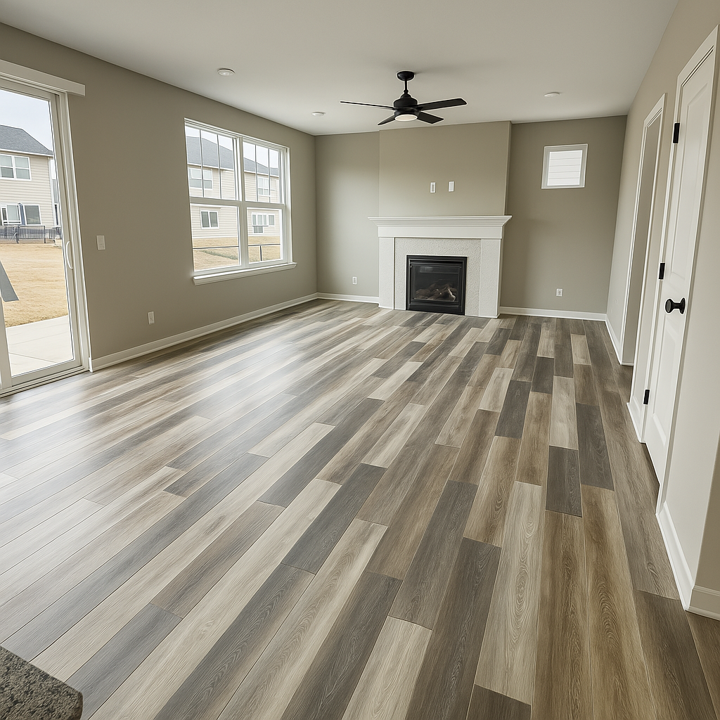 “Luxury vinyl plank flooring installed in a modern living room with fireplace in Andover, MN by Pro Floors Inc.”
