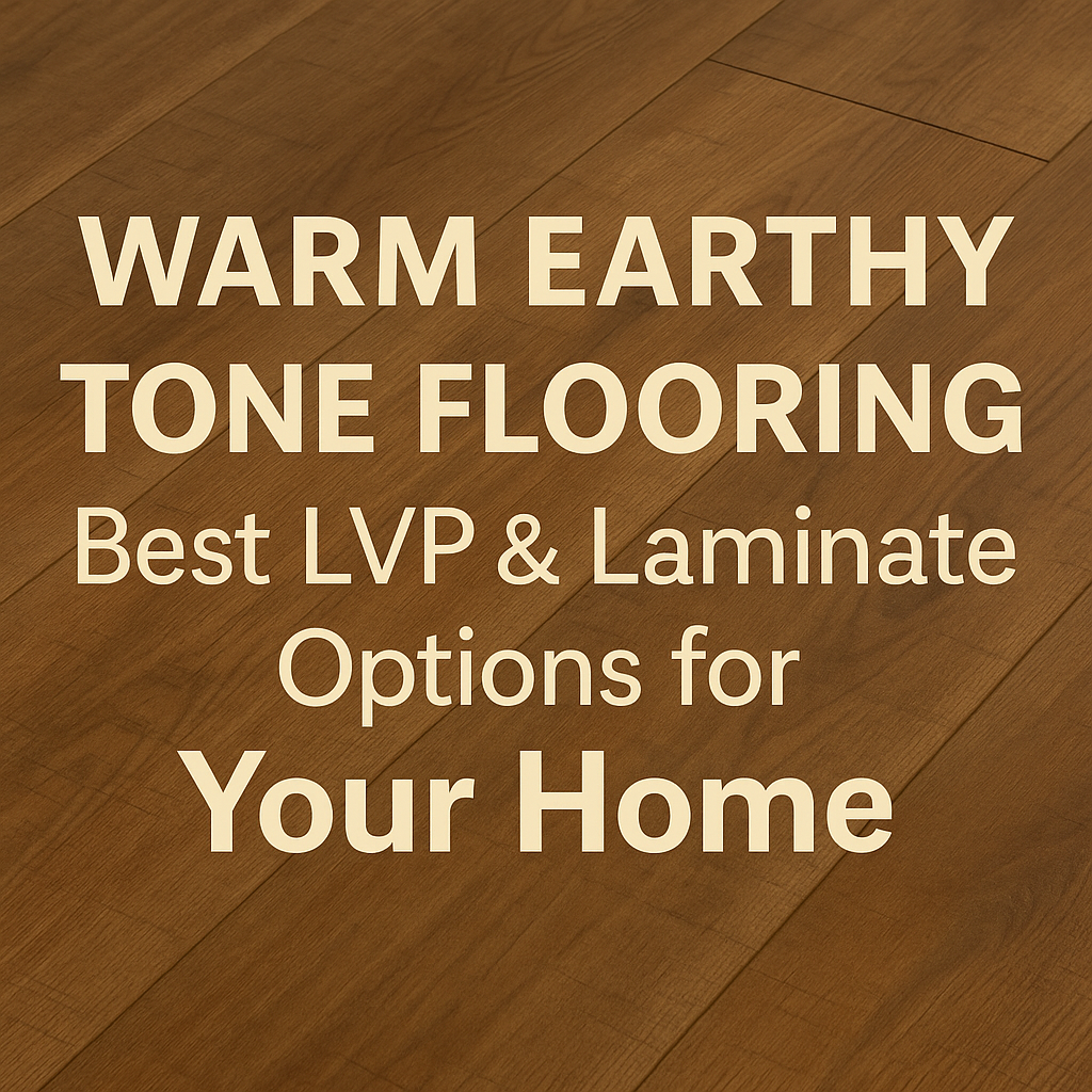 Warm earthy tone flooring background with bold overlay text reading: Warm Earthy Tone Flooring