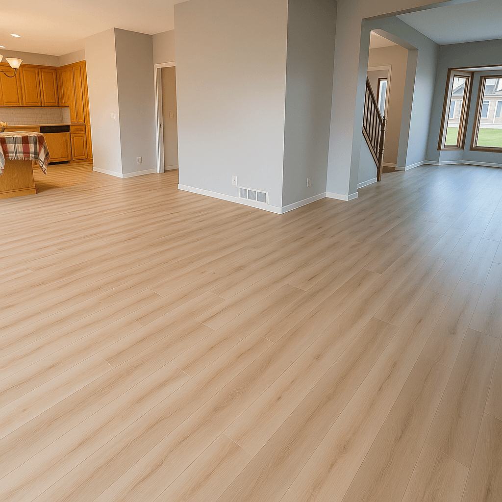 Wide-angle view of a newly installed light vinyl plank flooring in an open-concept home in Elk River, MN