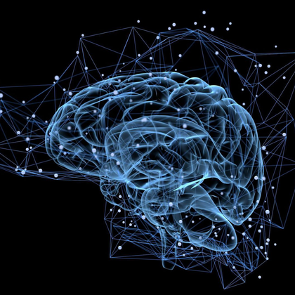Glowing blue brain with network connections against a black background.