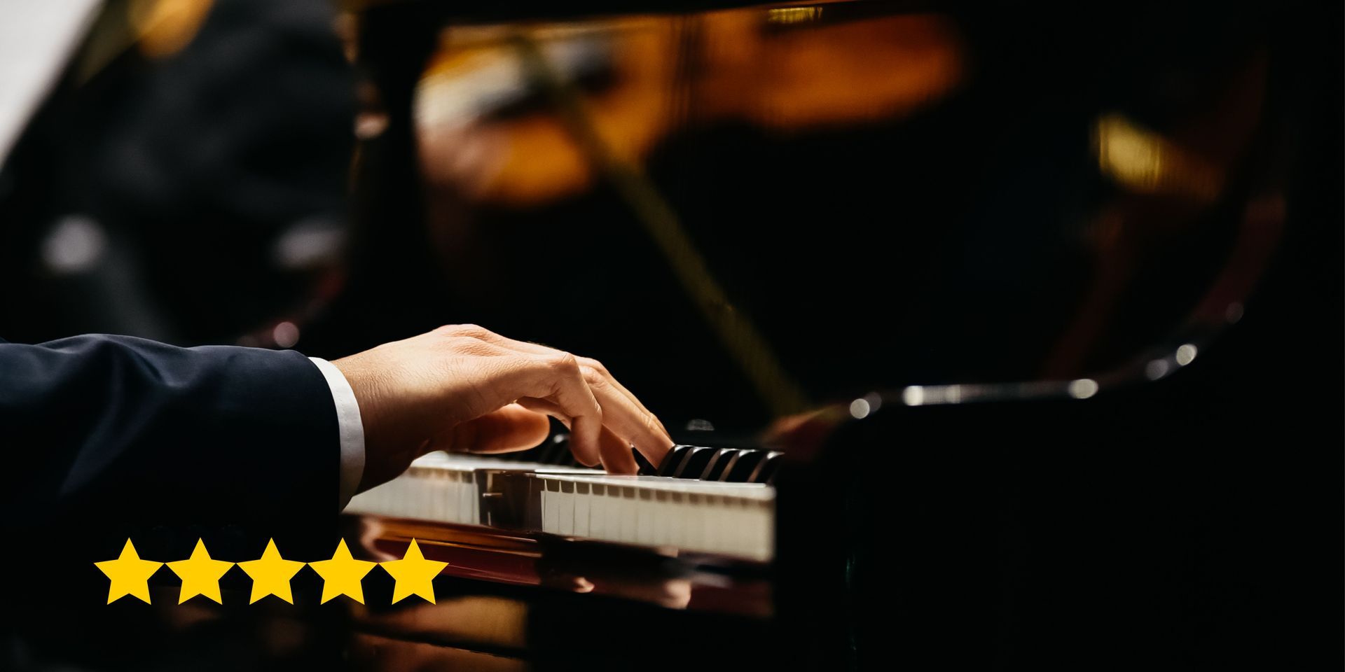 A close up of a person playing a piano with a five star rating.