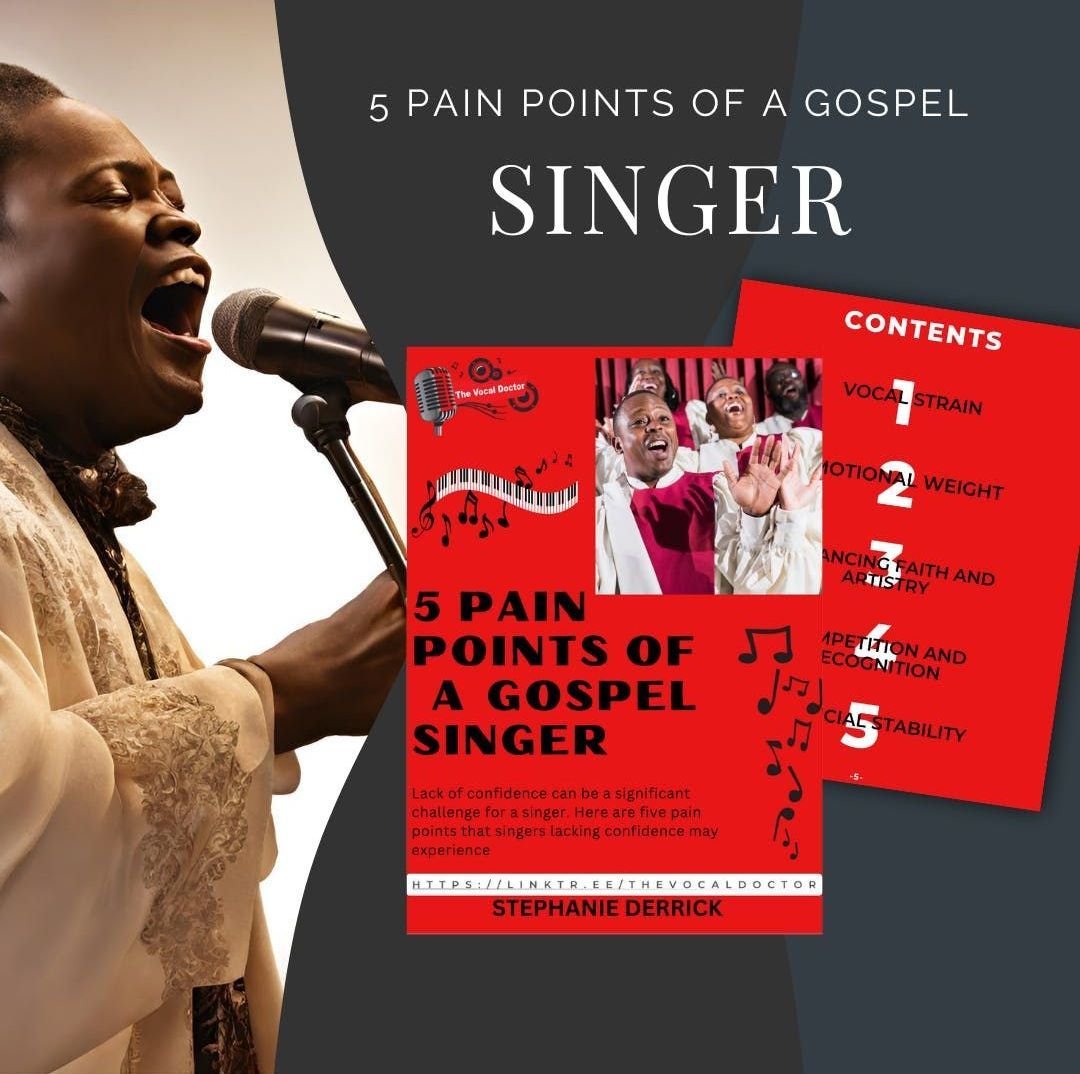 A man singing into a microphone next to a poster that says 5 pain points of a gospel singer