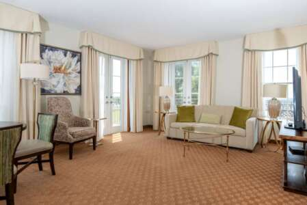 Living room with beige sofa, armchair, and windows with drapes. A floral painting and rug add color to the space.