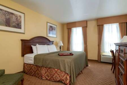 A hotel room with a bed, two windows, a desk, and artwork on the wall.