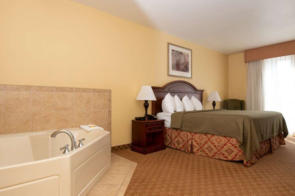 Hotel room with king bed, lamps, and a jacuzzi tub. Beige walls and patterned carpet.