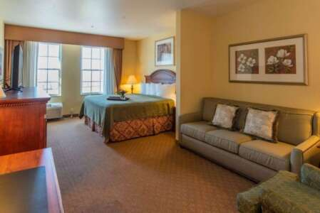 Hotel room with a bed, sofa, windows, and artwork, warm tones.