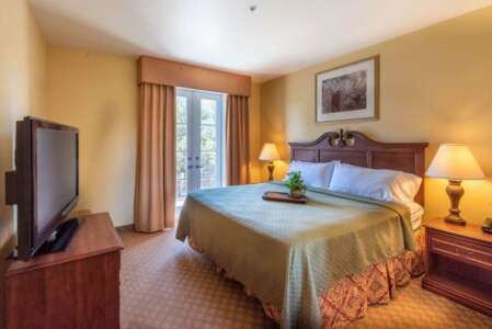 Hotel bedroom with a king-size bed, TV, and balcony access.