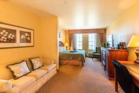 Hotel room with a bed, couch, desk, and TV. Warm yellow walls and a patterned carpet.