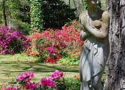 Statue of a woman in a garden, surrounded by pink and red azaleas and a tree.