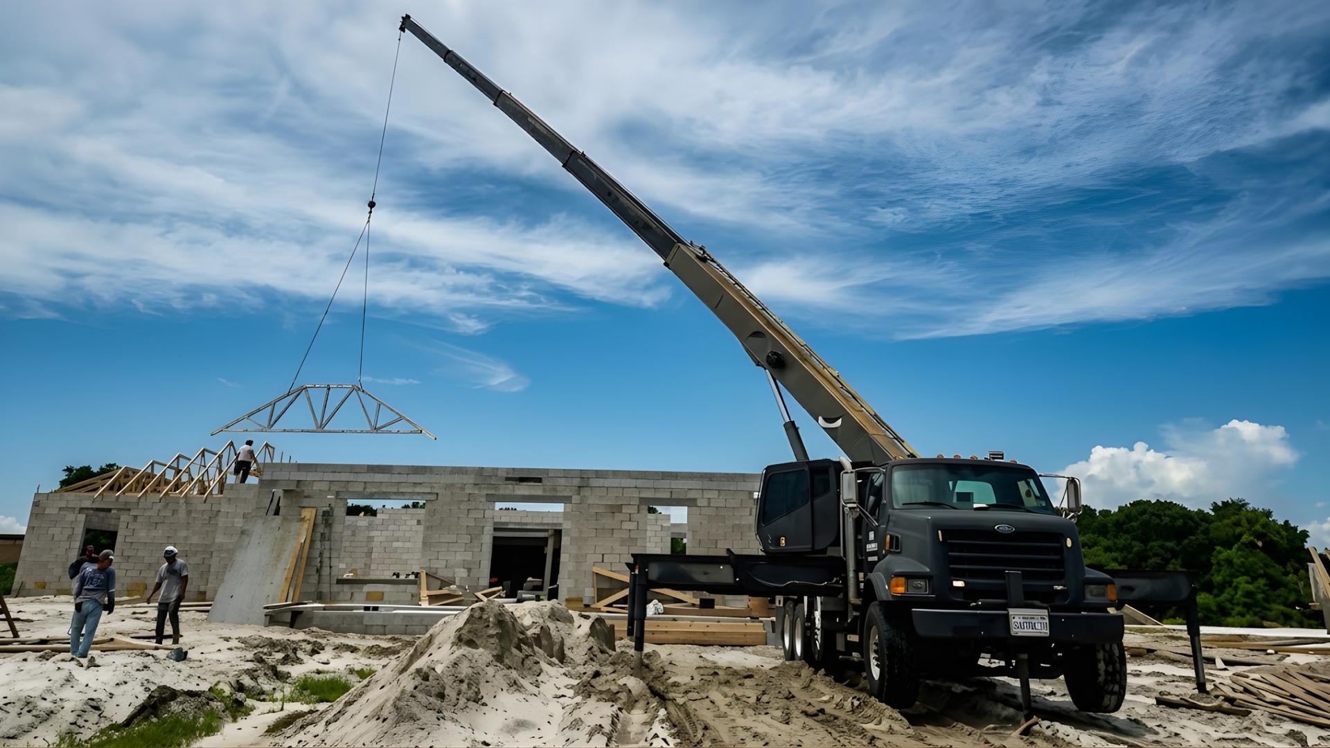 Crane lifting a blue crate against a green building facade under a blue sky