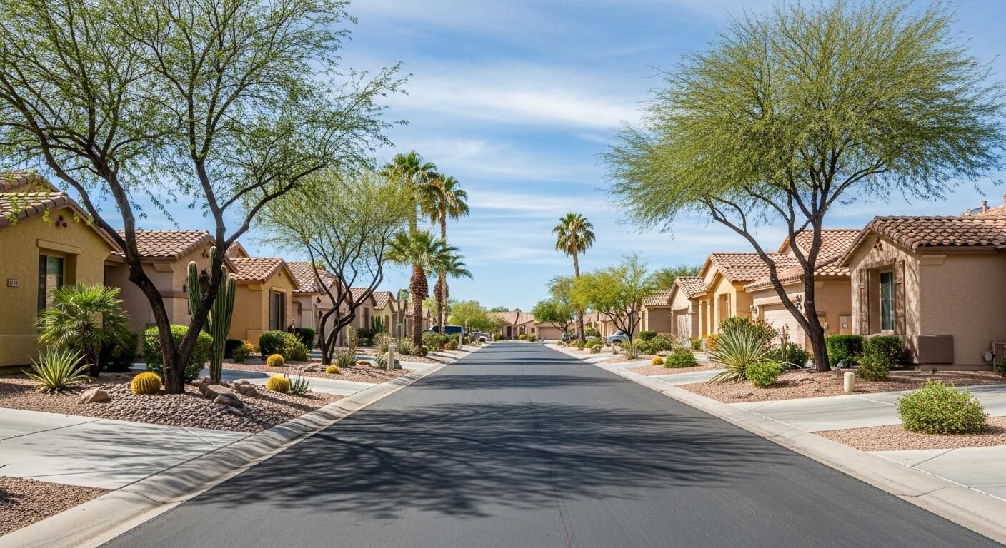 Quiet suburban street with beige homes, desert trees, and a clear blue sky