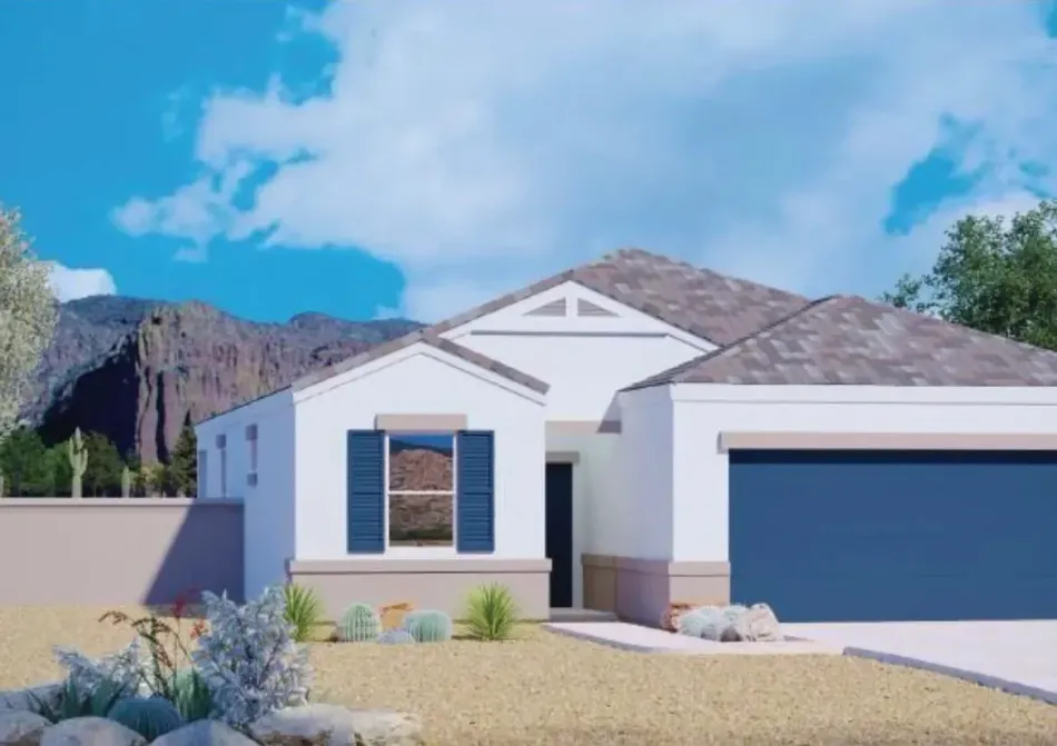 Modern white house with blue garage door, desert landscaping, and mountains under a blue sky.
