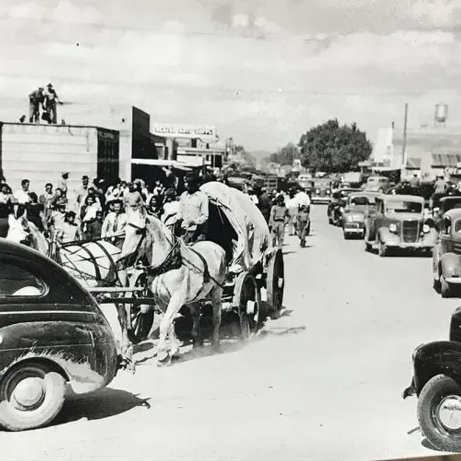 Horse-drawn cart amid traffic on a busy street, with parked cars and pedestrians in black-and-white.