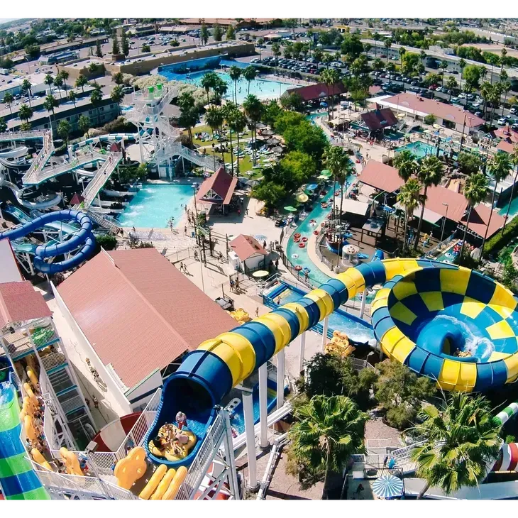 Aerial view of a colorful water park with twisting slides, pools, and palm trees.