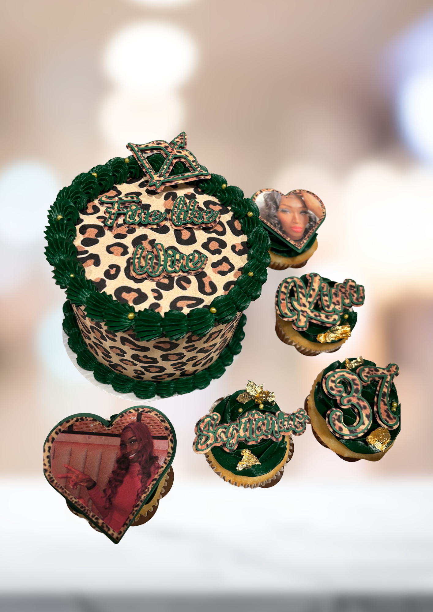 Assorted decorative trinket boxes and a heart-shaped purse with leopard and green floral patterns