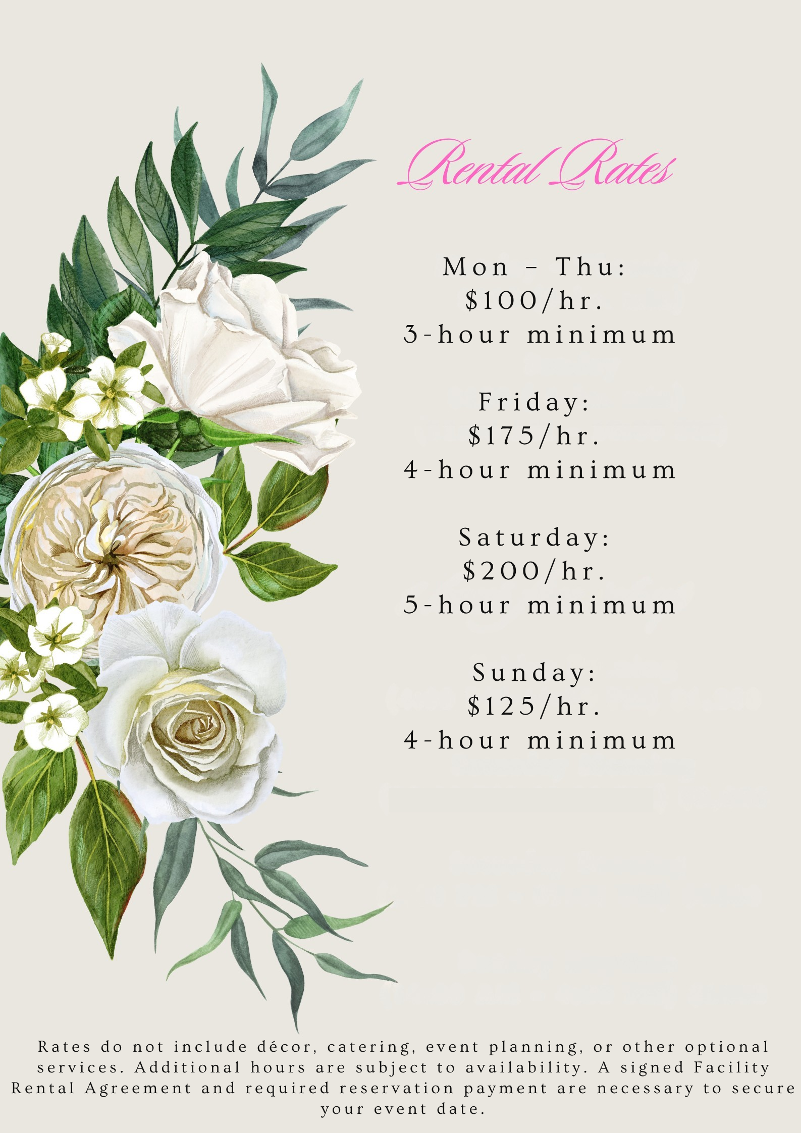A wedding invitation with white roses and green leaves