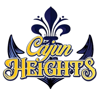 Cajun Heights logo in blue and gold with fleur-de-lis and winged emblem