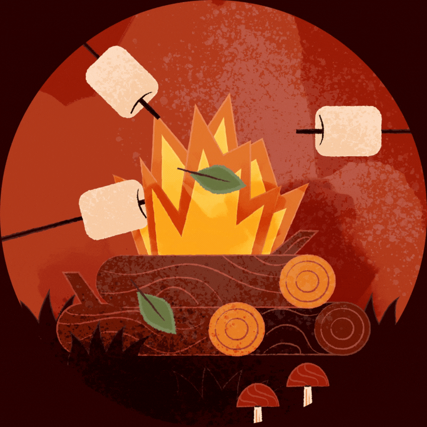 Animated s’mores roasting over a crackling campfire, with melting chocolate and gooey marshmallows glowing in warm autumn tones.