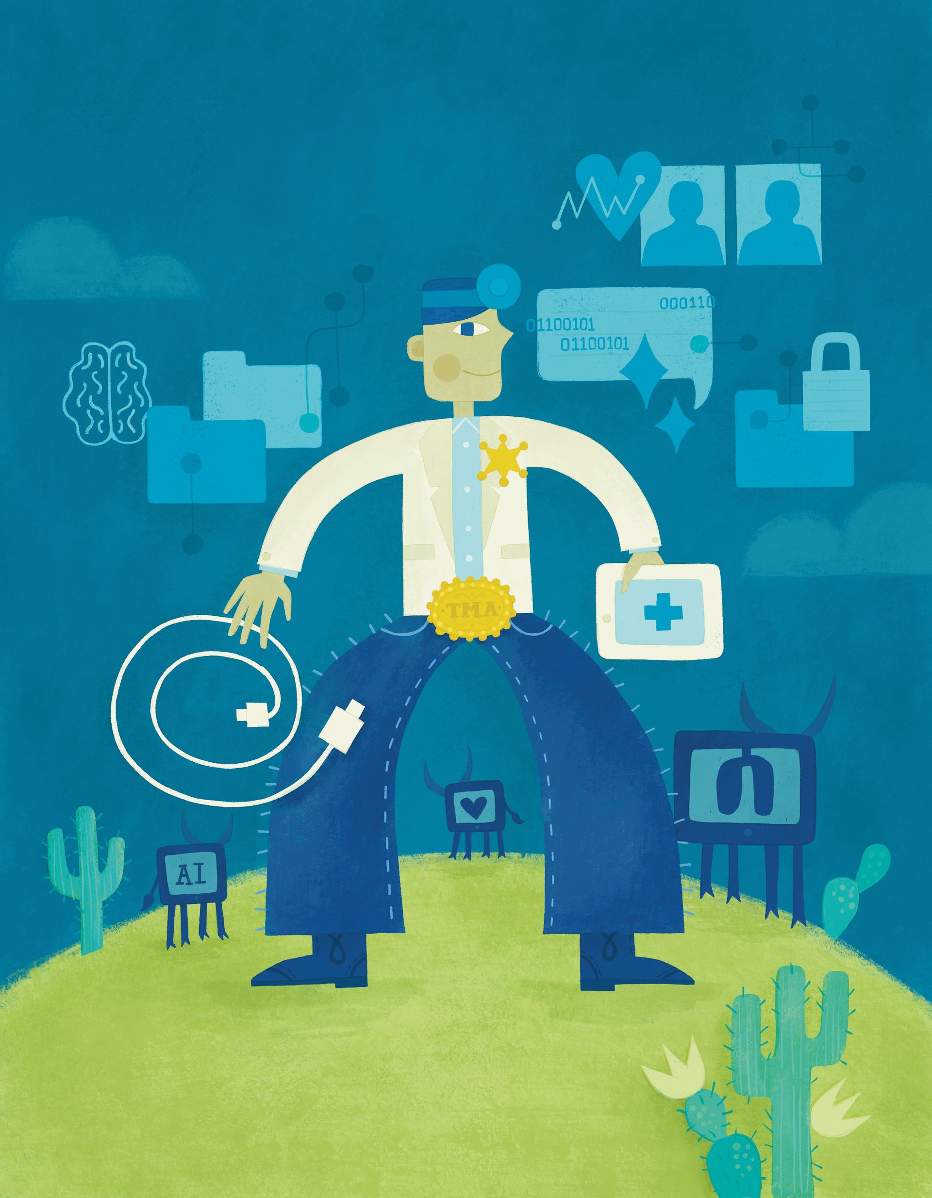 illustration by denise gallagher for texas medical association's tech trends edition. doctor with paperwork etc.