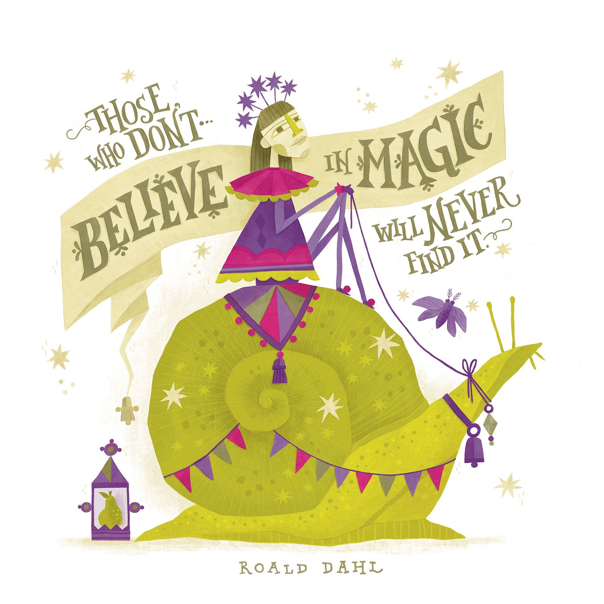 Whimsical illustration by Denise Gallagher of a fairy riding a snail through a magical world.