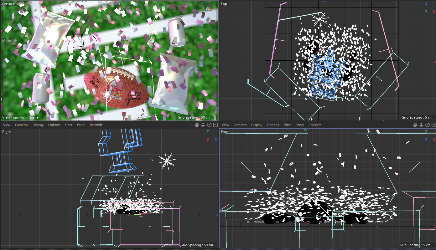 3D-rendered football field with falling confetti particles, showing realistic movement and interaction with snack packaging for Super Bowl signage.