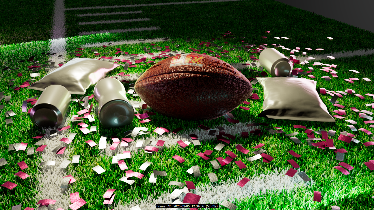 Complete 3D Super Bowl scene with photorealistic snack bags, cans, and confetti, showcasing final environment build and precision lighting.