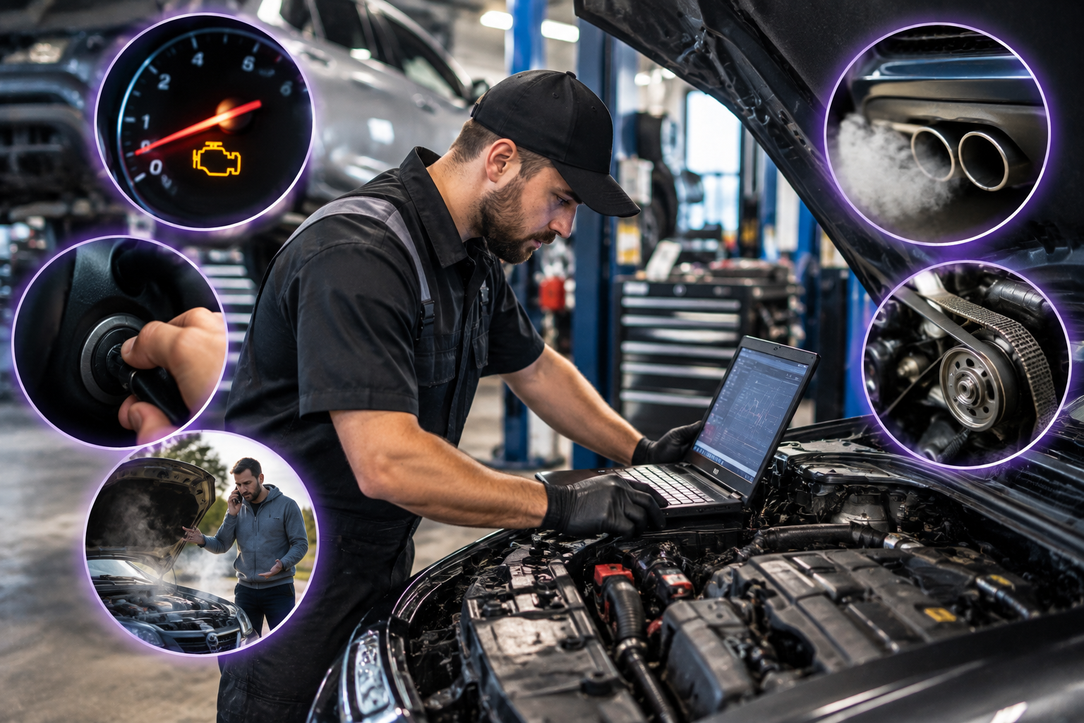 Mechanic using a laptop to diagnose a car engine in a busy auto shop, with inset icons of car systems and repairs