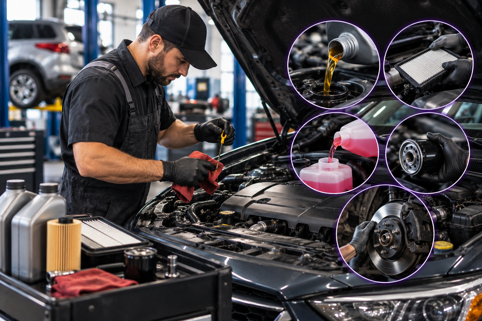 Mechanic in a garage inspecting a car engine with diagnostic close-up insets