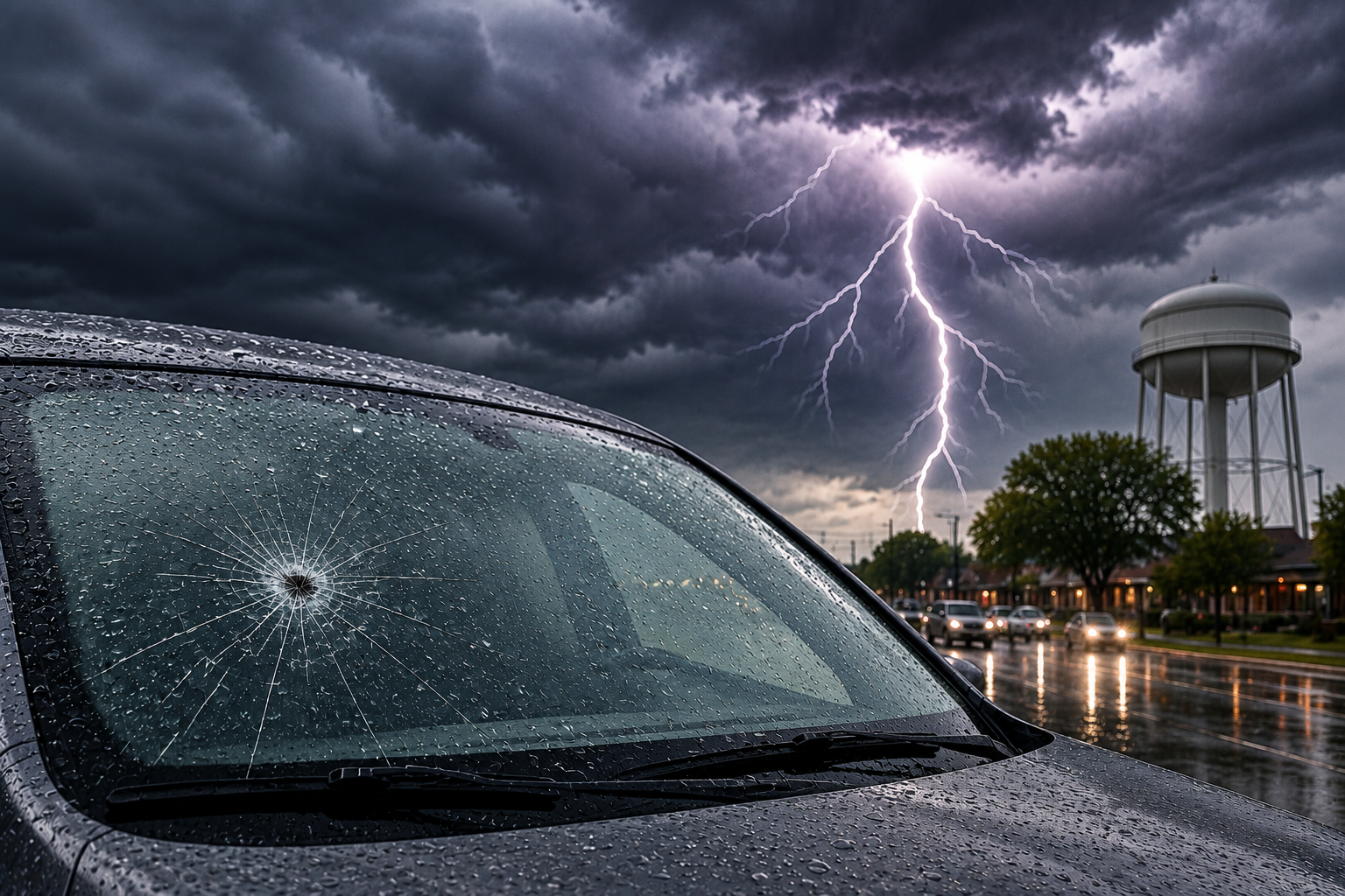 Car windshield shattered by bullet hole in stormy street scene with lightning and water tower