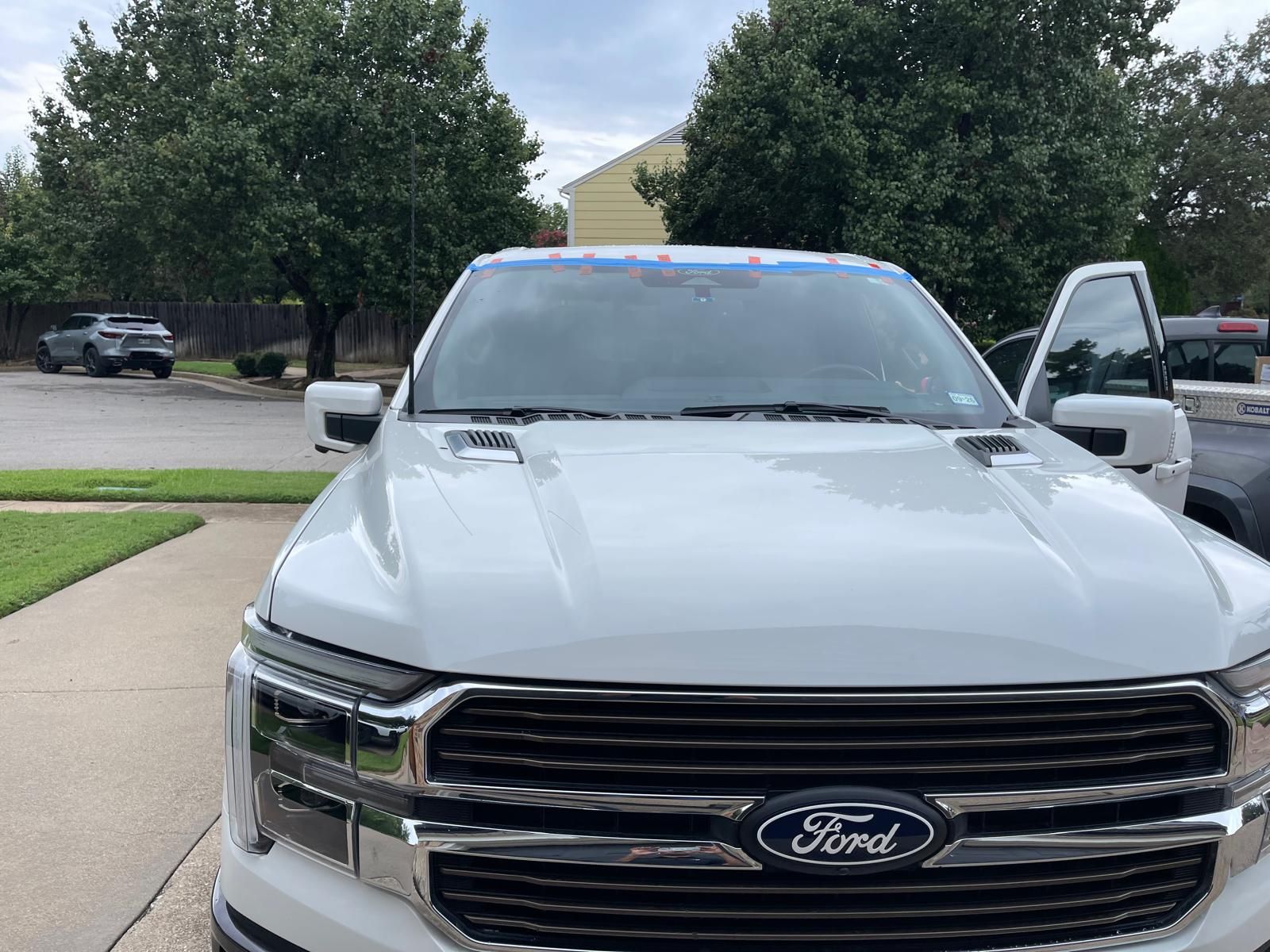 White Ford pickup truck parked outdoors with door open.