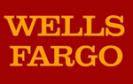 Wells Fargo logo in gold text on a red background.