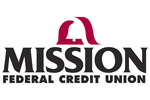 Logo for Mission Federal Credit Union, black text with red bell icon above.